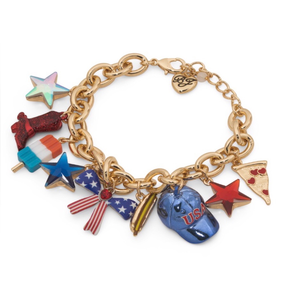 Authentic Betsey Johnson Bracelet - Americana Patriotic Charms Gold Tone NWT